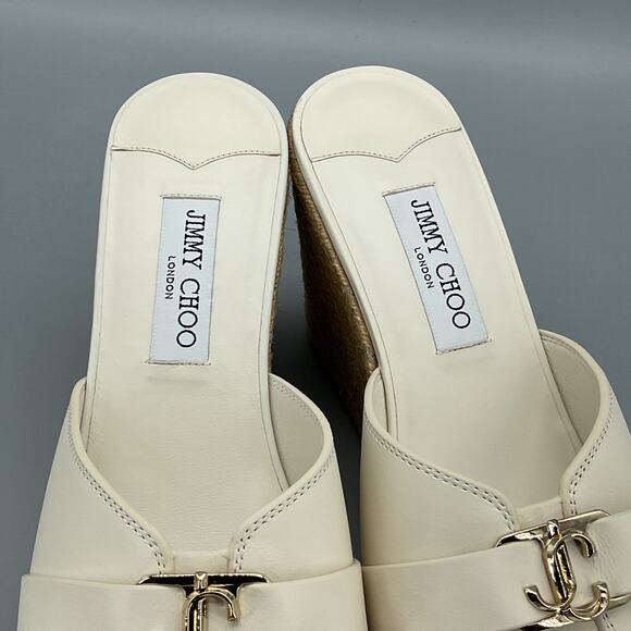 NEW Jimmy Choo Women’s Leda Leather Espadrille Wedges Latte/Gold Size 10 - Picture 7 of 10